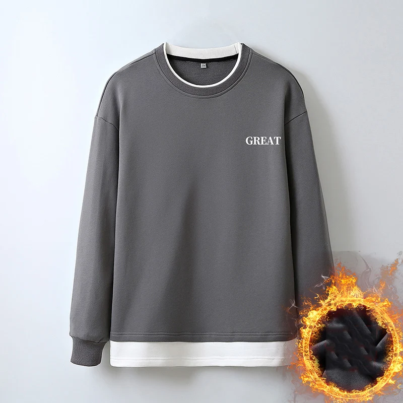 

2022 Men's Casual Sweatshirts Hoodies Men Fake Two Pieces Solid Color O-Neck Fashion New Trend Harajuku Mens Hip Hop Sweatshirt