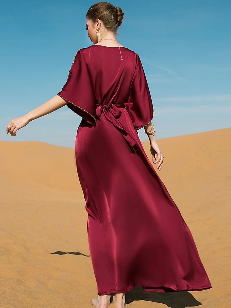 Rhinestone Evening Kaftan Women Off Shoulder Moroccan Party Caftan Satin Dress Hem Slit Muslim Arab Dubai Abaya Banquet Ramadan