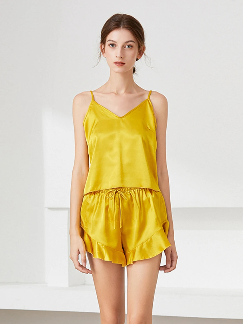 Marthaqiqi Sexy V-Neck Women'S Pajama Sets Satin Nightie Spaghetti Strap Sleepwear Drawstring Shorts Elegant Women Summer Suits