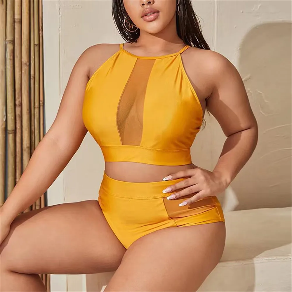 

Swimwear Women's Two-piece Solid Color Mesh Sexy Perspective Split High Waist Bikini Swimsuit 2022 Summer Beachwear