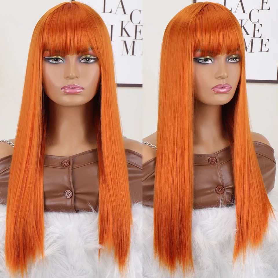 Orange Ginger Straight Wig With Bangs Brazilian Remy Straight Human Hair Wig For Women Highlight Orange Straight Wig Cosplay Wig