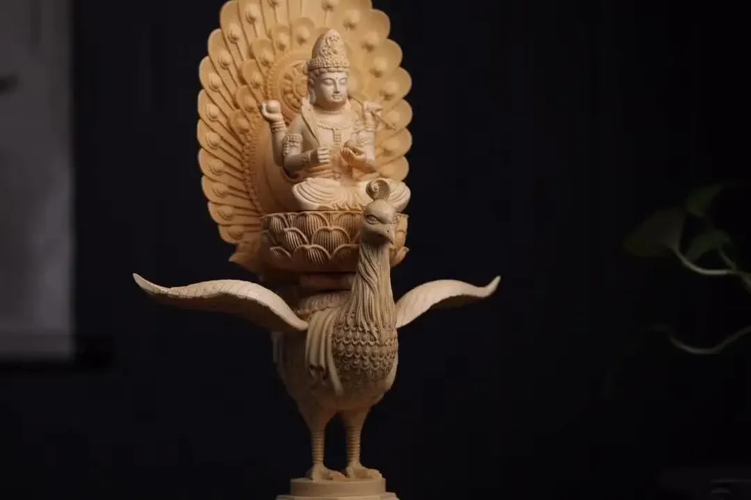 Деревянная статуя Будды Павлина Мин Ван-Резьба из цельного дерева Большая