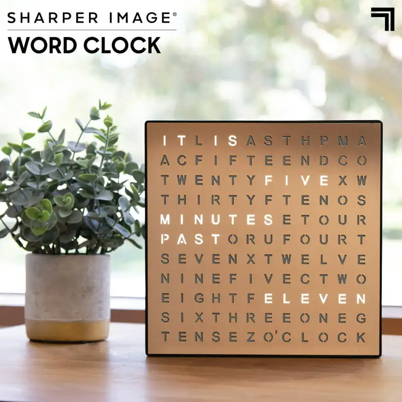 

Unique Contemporary LED Light-Up Word Clock, 7.75" Modern Design, Electronic Accent Wall or Desk Clock USB Cord, Power Adapter &