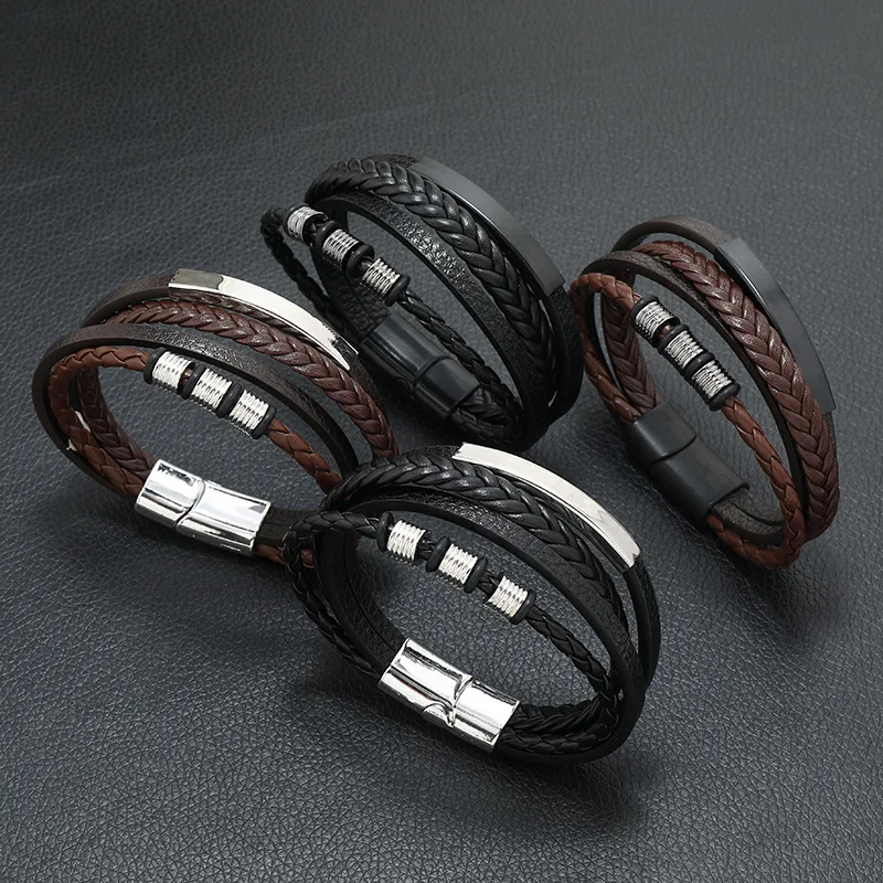 

2022 New Popular Men's Genuine Leather Braided Bracelet Alloy Magnet Buckle Multilayer Leather Bracelet