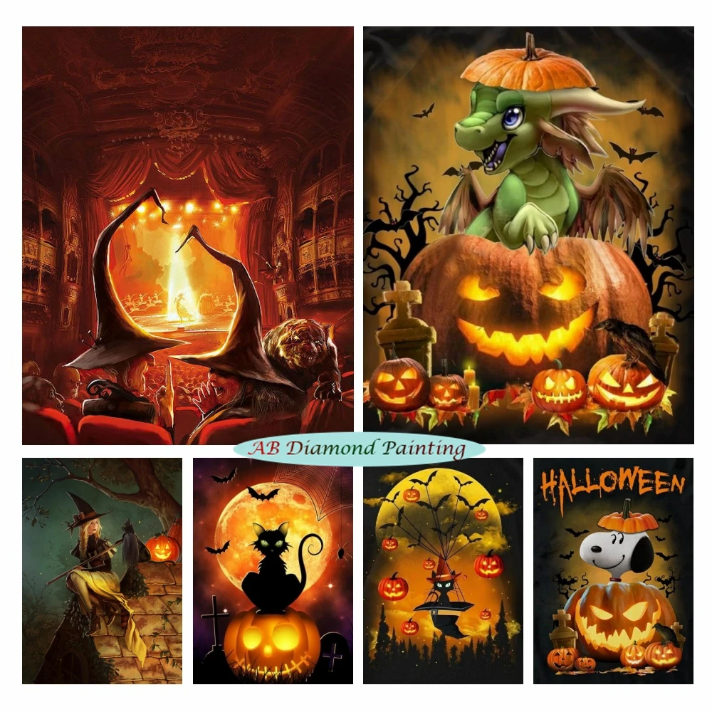 

Horror 5D AB Diamond Painting Halloween Witch Pumpkin Diy Diamont Embroidery Dragons Cat Rhinestones Cross Stitch Kit Home Decor