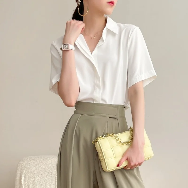 

Chiffon Women's Blouse White Casual OL Shirt Summer Elegant Top Fashion Short Sleeve 2022 Female Clothing Turn-down Collar