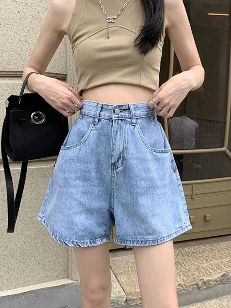 New Spring Summer Women High Waist Wide Leg Blue Denim Shorts Streetwear Female Loose Retro Jeans Shorts Bottoms