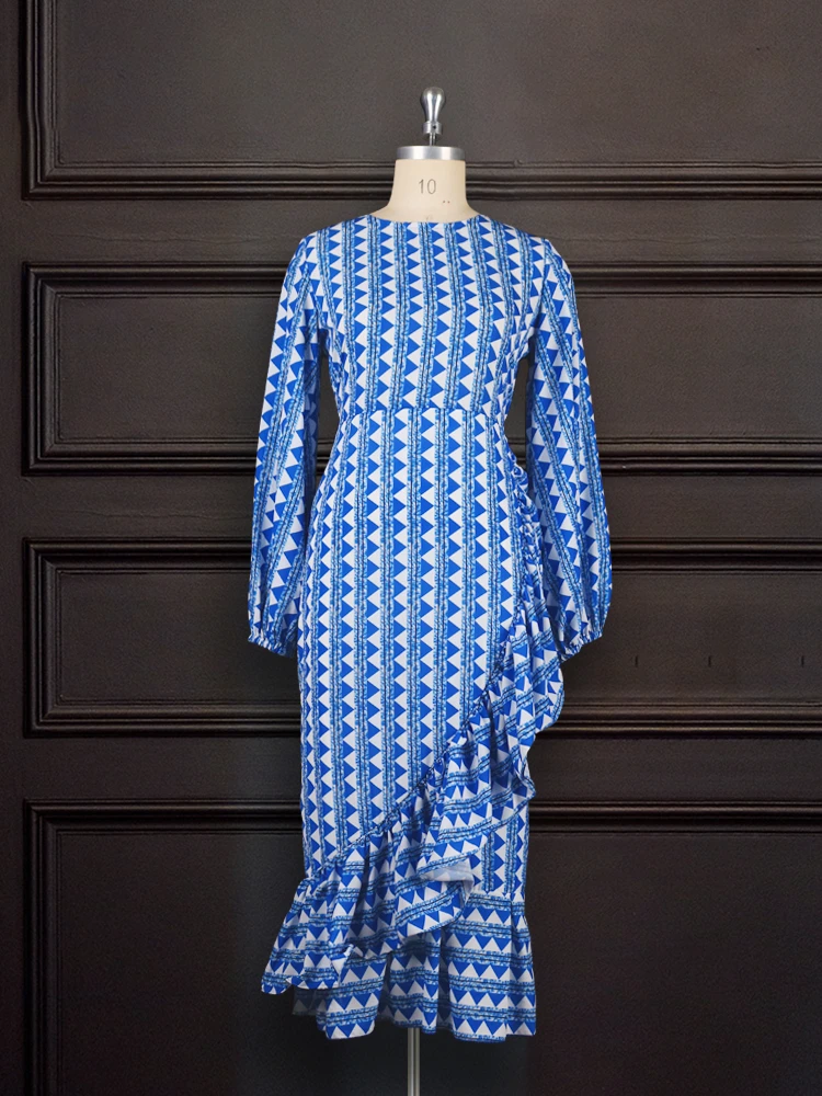 

Women Blue Printed Dress Ruffles with Waist Belt O Neck Long Lantern Sleeves Autumn Female Vestidos Fashion New Vestidos Robes