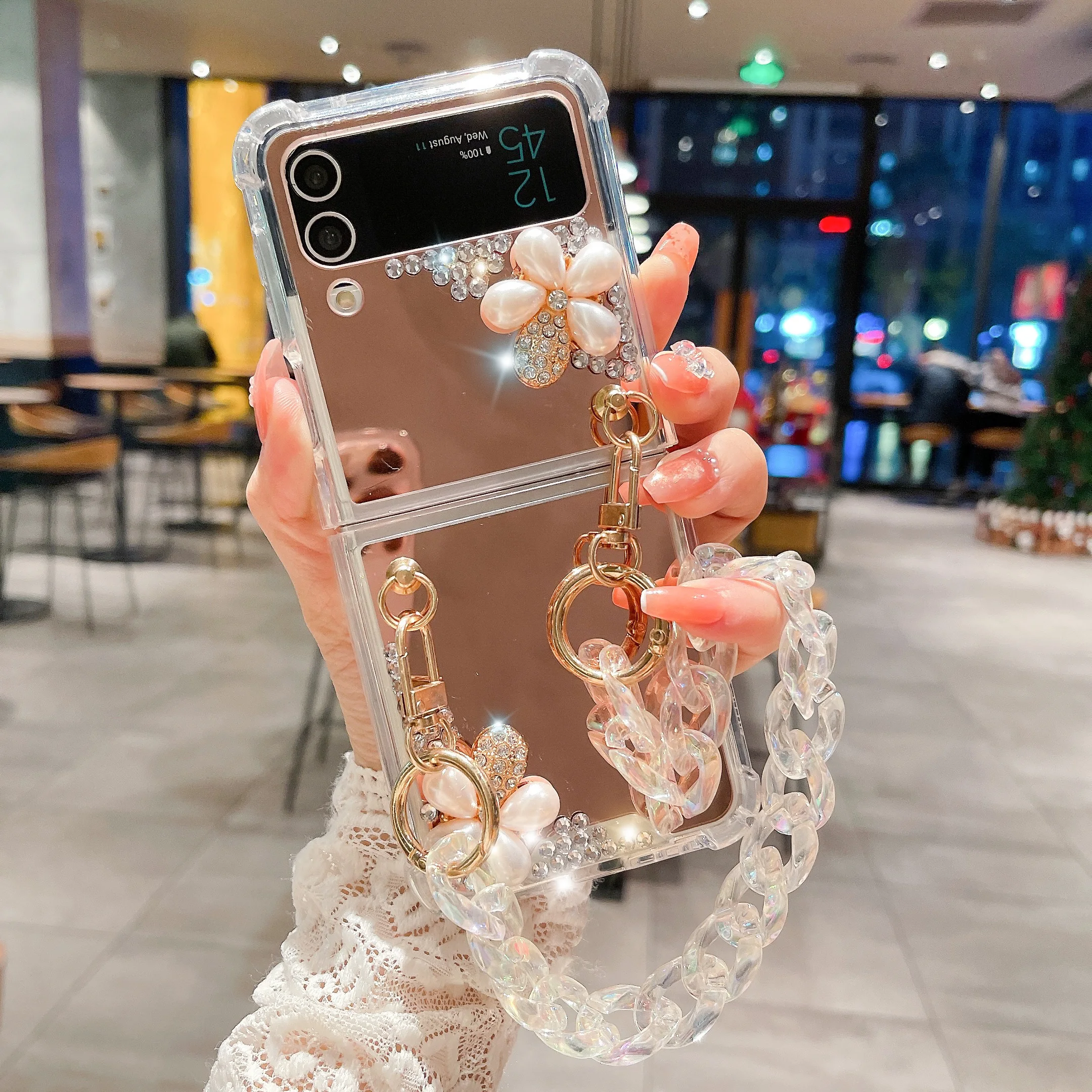 

Makeup Mirror Shockproof Cover Pearl Rhinestone Flower Phone Case For Samsung Galaxy Z Flip 4 3 5G With Crystal Bracelet ZFLip 4