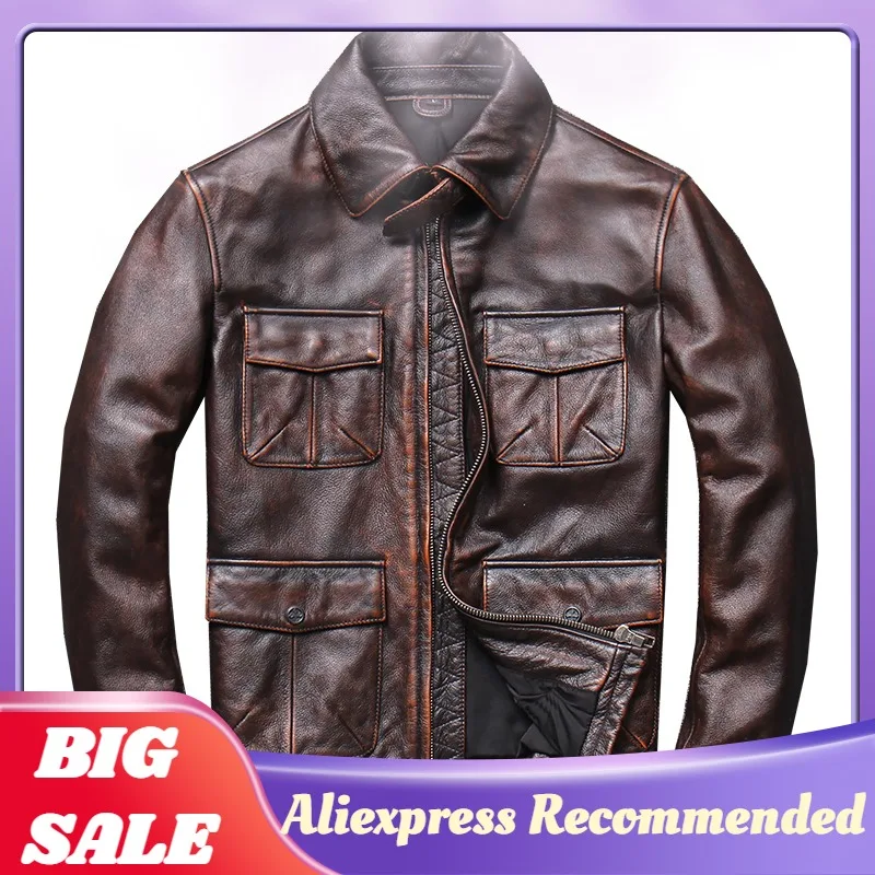 

2021 винтажная коричневая куртка из натуральной кожи в стиле сафари, мужская куртка размера плюс 4XL из натуральной воловьей кожи, Осеннее прит...