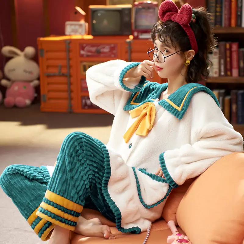 

Women Turtleneck Velvet Pajama Set Thicker Coral Fleece Print Long Sleeve Homewear Korean Fashion