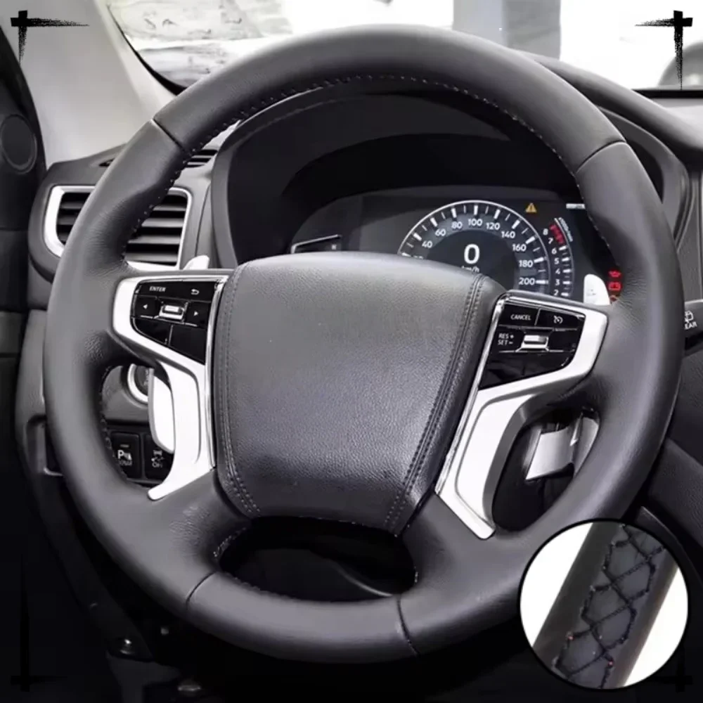 

Сшитый вручную черный кожаный перфорированный чехол на руль из микрофибры для Mitsubishi Pajero Sport III Montero 2015-2022