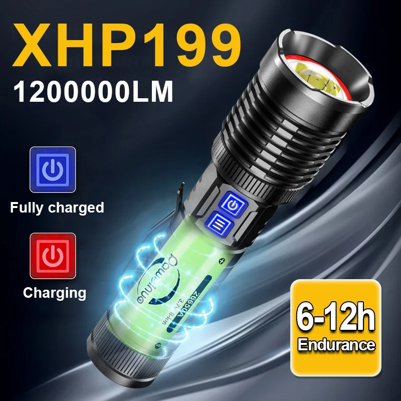 Супер мощный перезаряжаемый светодиодный фонарик XHP199 1200000 лм яркий тактический