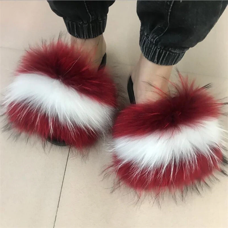 Women Fluffy Real Fox Fur Slides Plush Indoor Furry Flip Flops Female Amazing Fuzzy Fur Sandals Designer Fur Slides Drop Ship images - 6