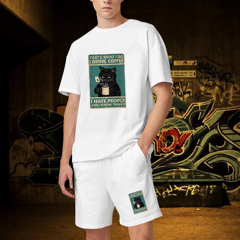 2 Piece Outfits for Men Pure Cotton High Quality Cute Kitten Anime TShirts Shorts Sets 2023 Summer Tracksuit Set Men Oversized