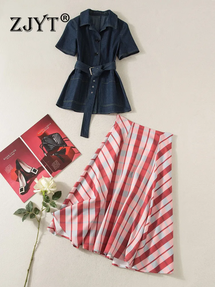 

ZJYT Runway Fashion Spring Summer Two Pieces Sets Womens Outfits Top and Skirt Casual Belt Denim Blouse Dress Suit Elegant 2022