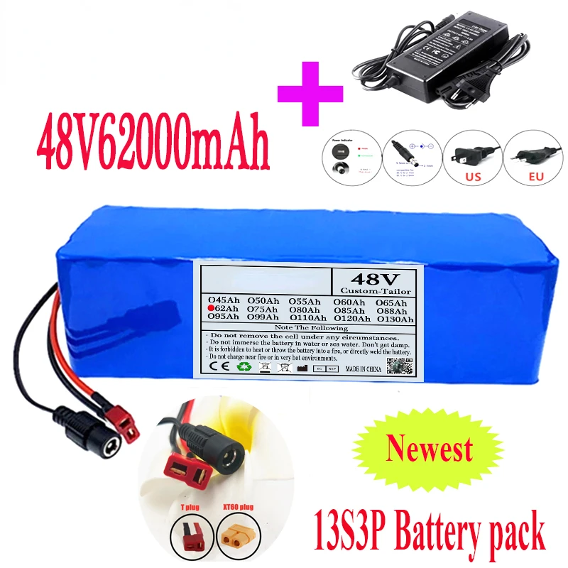 

2023 Elektrische Scooter 48V 62000mAh Battery Pack 13S3P 1000W Electric Bicycle Li-Ion Battery with T Plug 54.6V Charge