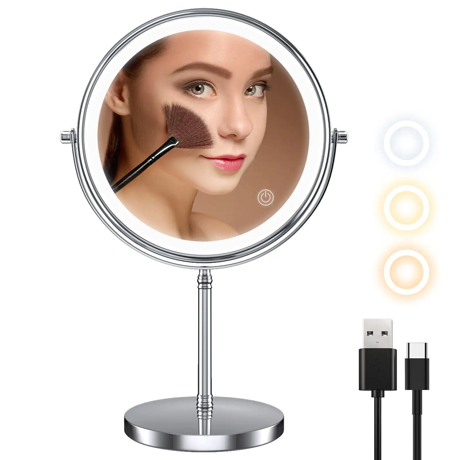 

8" Makeup Vanity Mirror with Lights, Rechargeable Double Sided 1X 10X Magnifying Mirror, Lighted Makeup Mirror with 3 Color Ligh