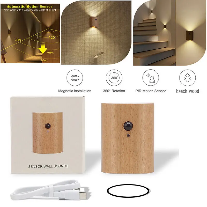 

Wooden Motion Sensor Linkage induction Wireless LED Night Lights Up And Down Lighting Bedroom Kitchen Cabinet Corridor Wall Lamp