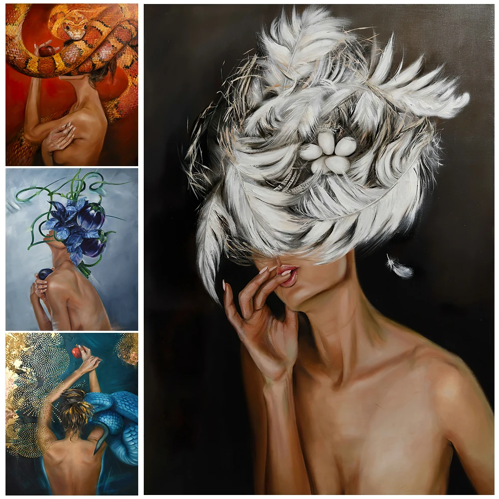 

Woman Who Covers Her Face Modern Abstraction Wall Art Canvas Painting Flower Snake And Lady Poster Prints Home Decoration