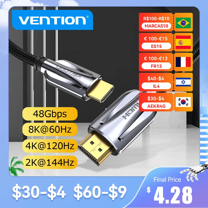 HDMI-кабель Vention 8K для ТВ-приставки Xiaomi PS5, высокоскоростной сертифицированный кабель 8K @ 60 Гц, 4K @ 120 Гц,HDMI 2,1, 48 Гбит/с, наушники Dolby Vision HD