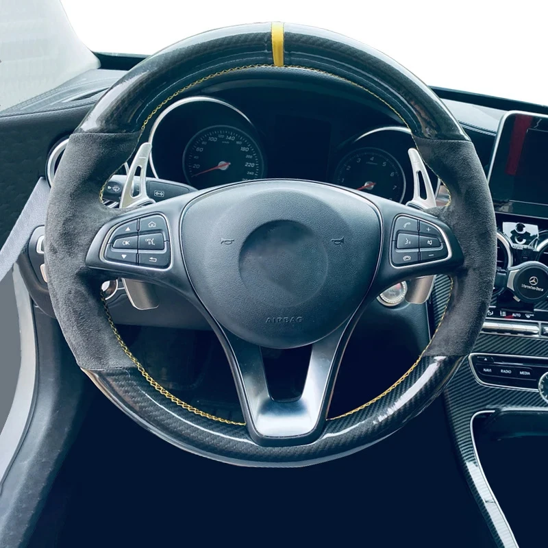 

Для Mercedes-Benz C180 C200 W205 C300 B200 Черная замша из углеродного волокна ручной работы Автомобильный чехол для рулевого колеса Автомобильные аксессуары