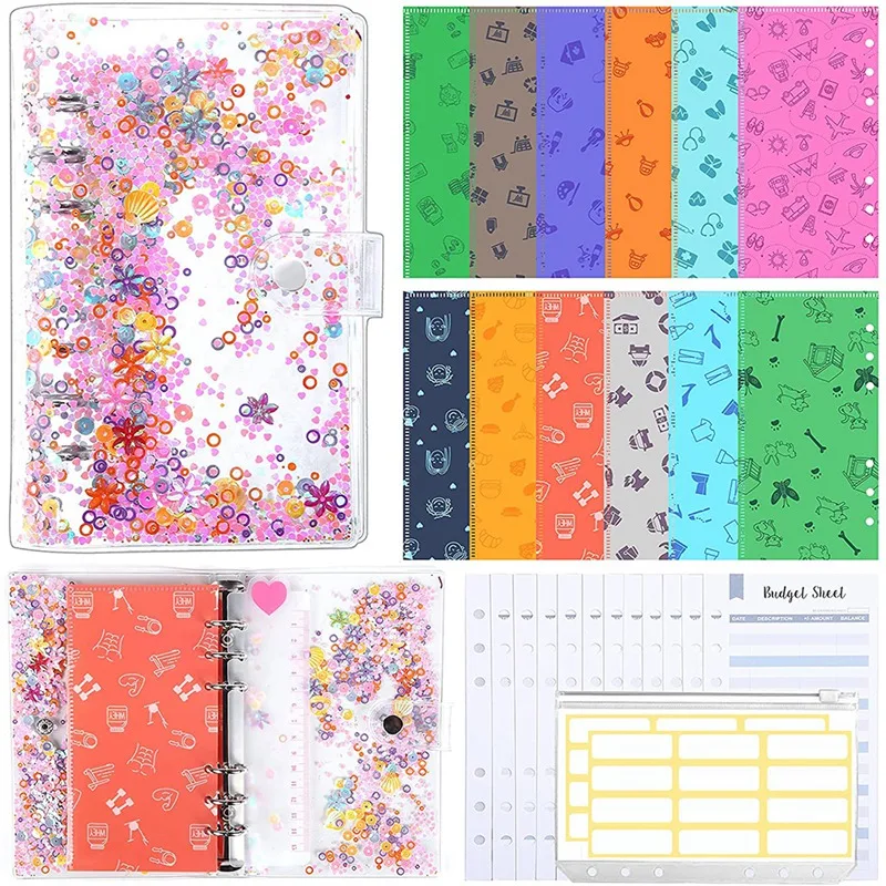 

A6 Flash Budget Binder Cash Envelope for Budgeting, Sequin Money Manager for Cash, with 28 Budget Planning Accessories