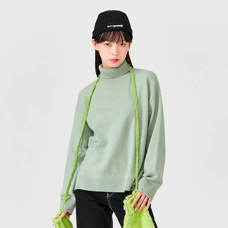 

SEMIR Knit Sweater Women Half-High Collar Lantern Sleeves Basic Commuter Winter New Solid Color Split Loose Sweater