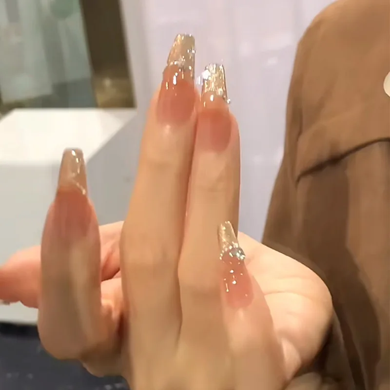 24 шт. блестящие французские ногти с жемчугом и стразами накладные в виде гроба