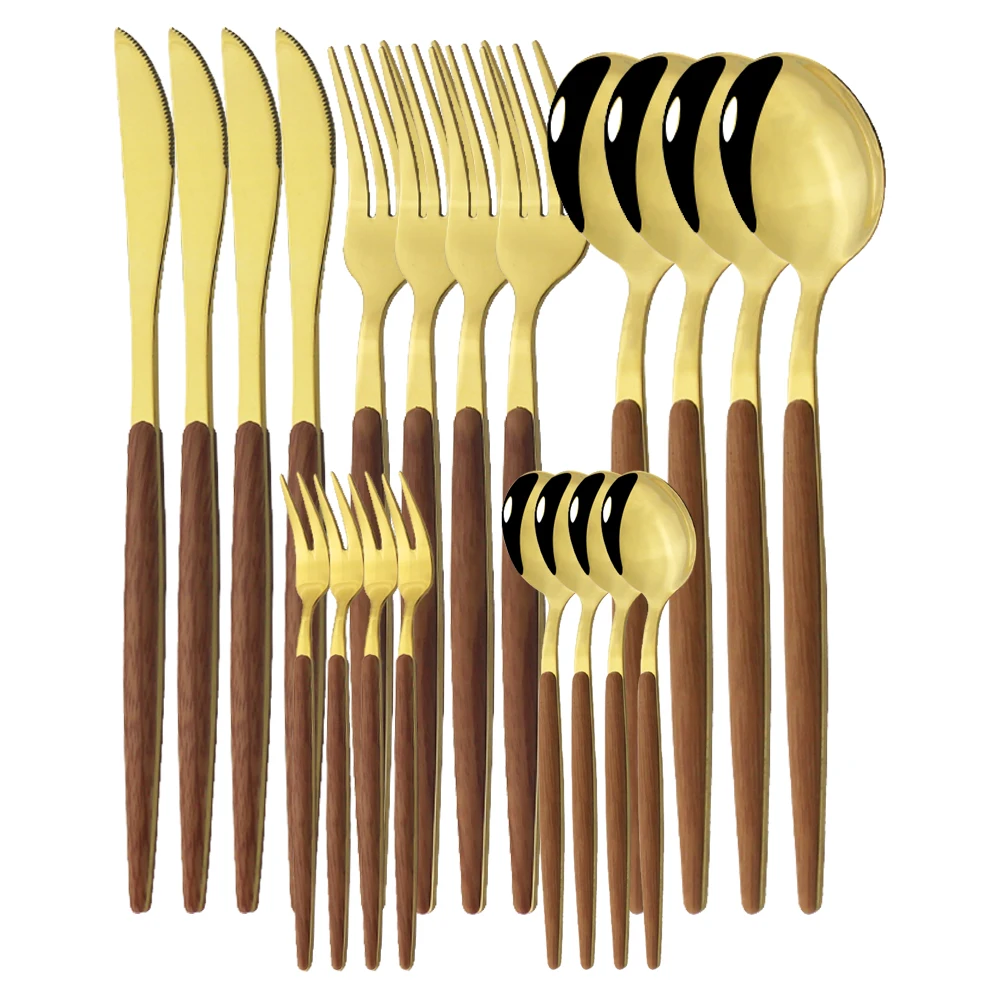 

Knife Fish Fork Spoon Teaspoon Tabelware Set 20Pcs/Set Gold Wooden Handle Flaatware Set Stainless Steel Dinnerware Cutlery Set