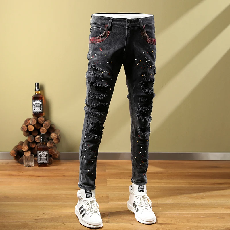 Street Fashion Men Jeans Retro Black Gray Elastic Stretch Slim Fit Ripped Jeans Men Painted Designer Multi Pockets Hip Hop Pants