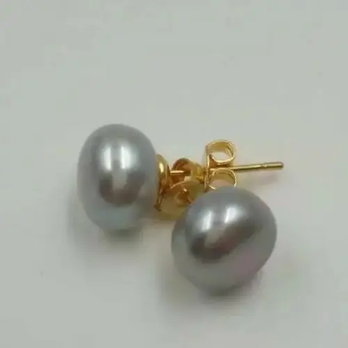 

good AAA9-10 mm genuine natural south sea gray pearl earrings 14 K gold