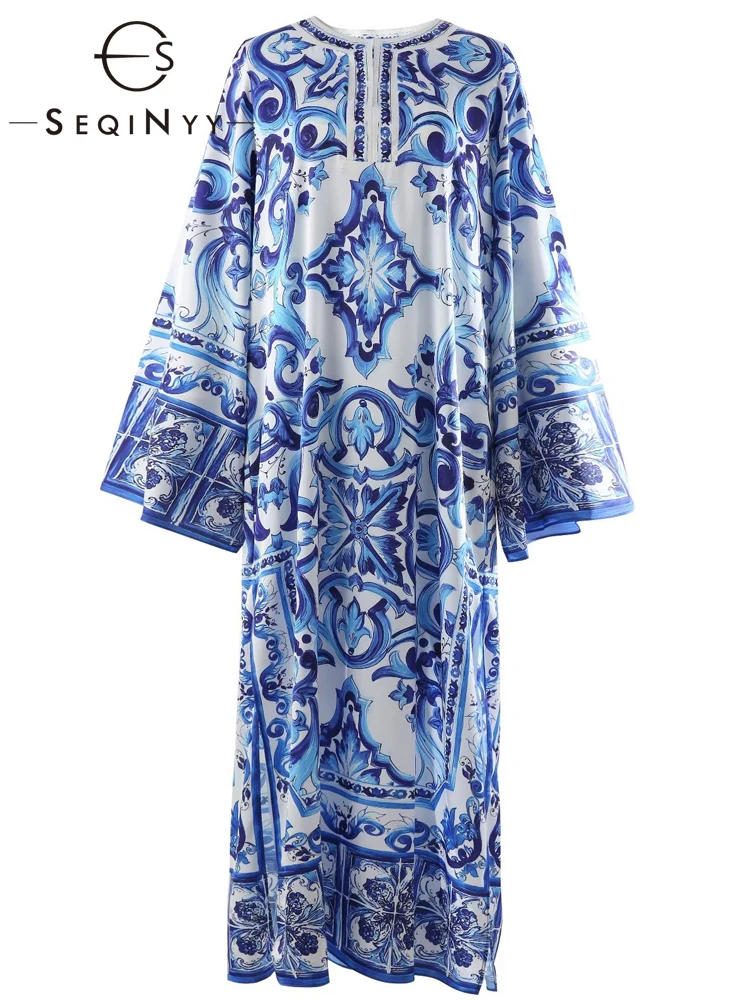 SEQINYY Elegant Long Dress Summer Spring New Fashion Design Women Runway Flare Sleeve Vintage Blue Flowers Print Loose Sicily