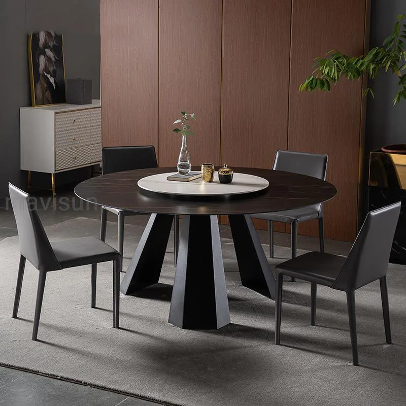 

Modern Minimalist Round Table With 360° Rotating Turntable Household Carbon Steel Frame MueblesSimplicity Hotel Furniture