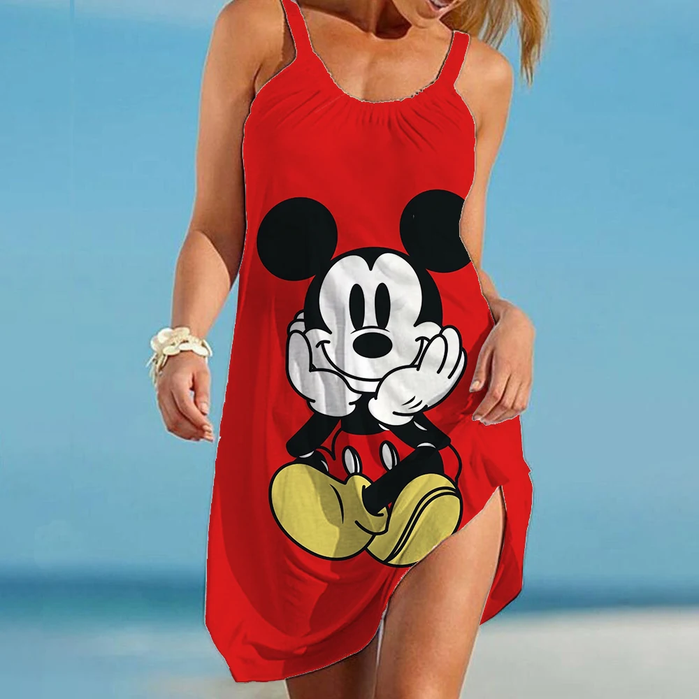 Disney Minnie Mickey Mouse Women's Dress Vintage Woman Beach Dress Sling Midi Sleeveless Dress Boho Brand Streetwear Night Dress