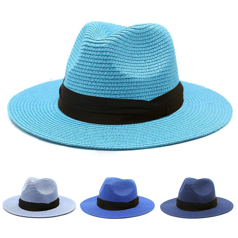 

New Women Wide Brim Panama Straw Hat Solid Color for Men Jazz Trilby Fedoras Cap Western Cowboy Travel Sun-shading Bucket Hats