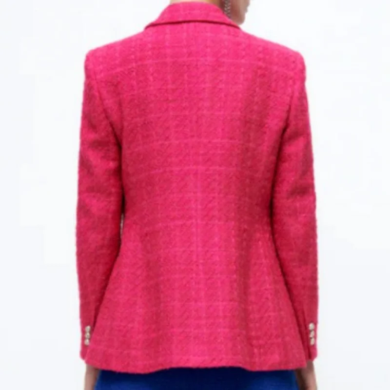 Tweed Rose Red Blazer Women Fashion Double Breasted Green Coats Vintage Long Sleeve V Neck Pockets Female Outerwear Chic Suits