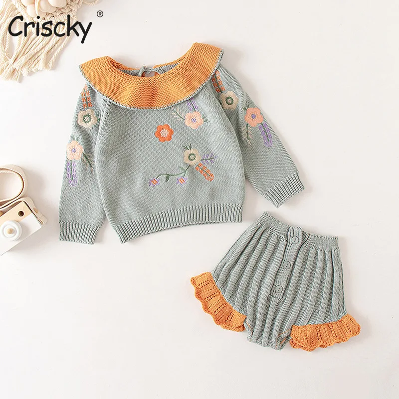 

Criscky Toddler Baby Girls Clothing Sets Fall Floral Lotus Leaf Collar Sweater+Ruffles Shorts Infant Baby Girls Knit Suit