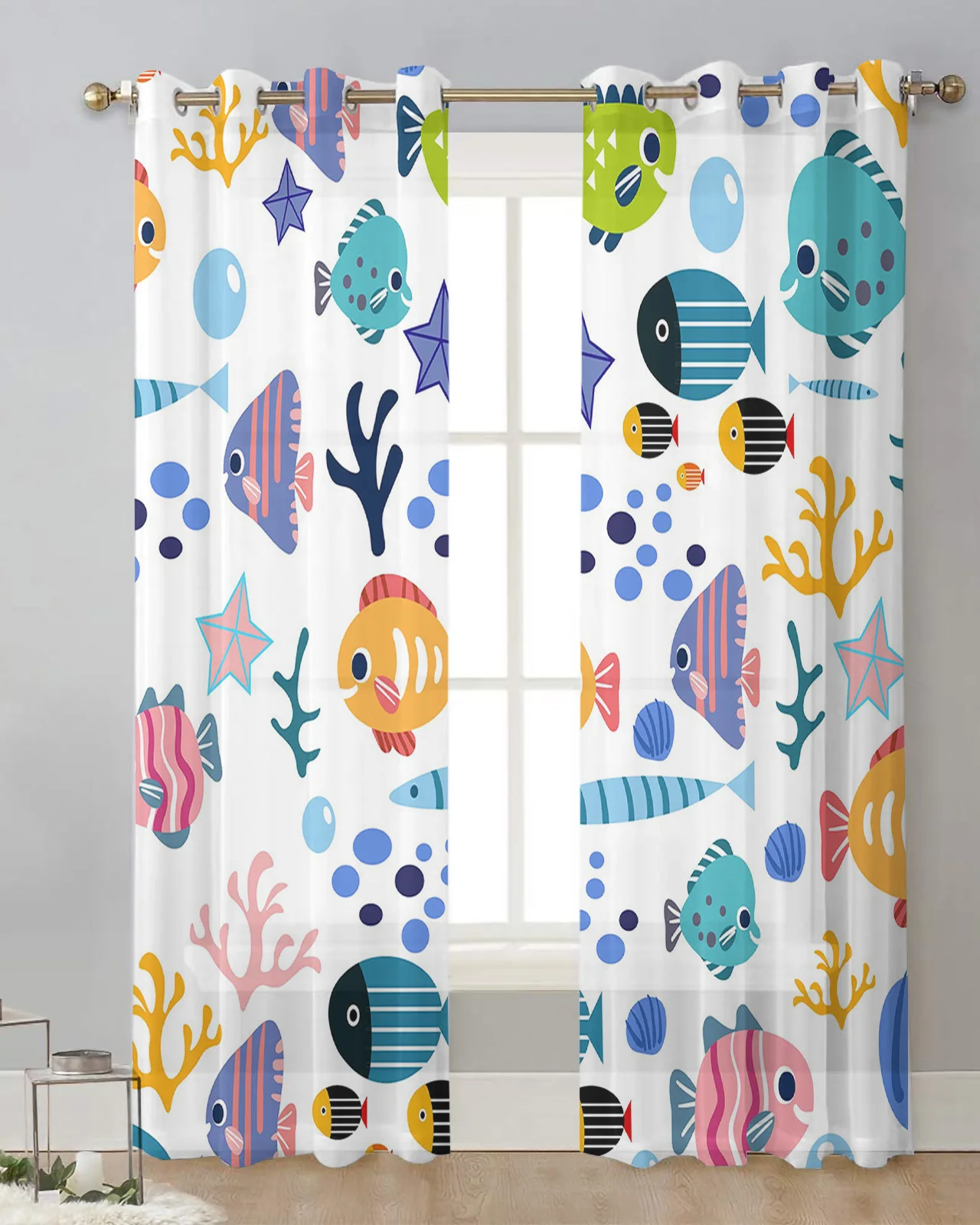 

Тюлевые шторы с мультяшными животными, рыбками, кораллами, ракушками, шторы для гостиной и кухни, прозрачные оконные шторы из вуали с Люверсами