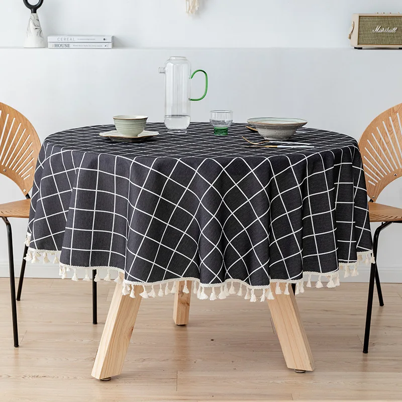 

Cotton Linen Blending Round Tablecloth With Tassel Waterproof Oil-proof Household Round Tablecloth Plaid Series Home Decor