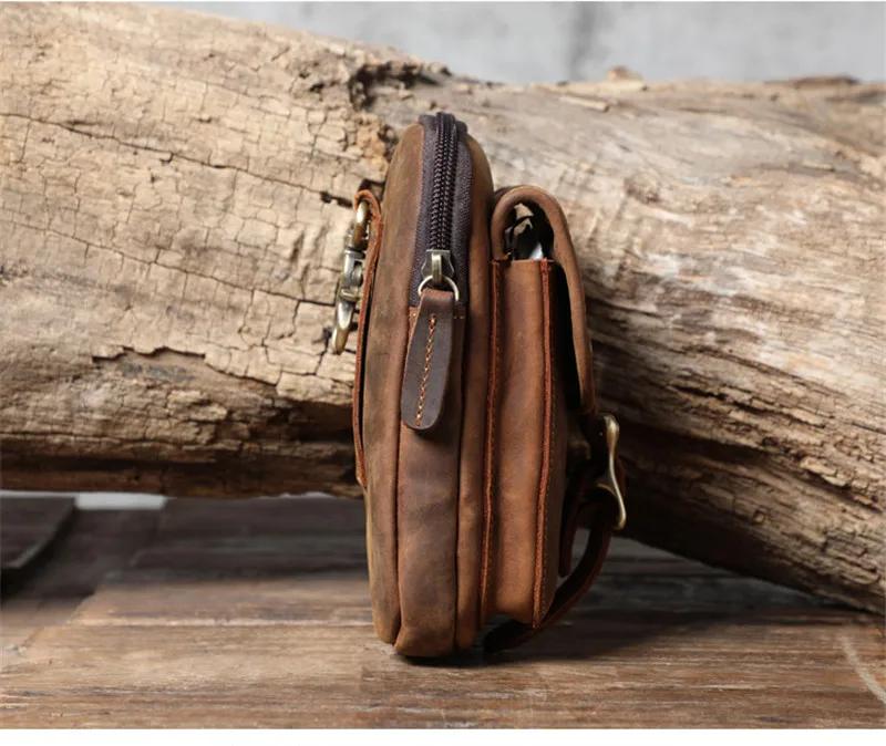 Retro fashion high quality crazy horse leather men's small pockets casual outdoor sports running real cowhide mobile phone bag