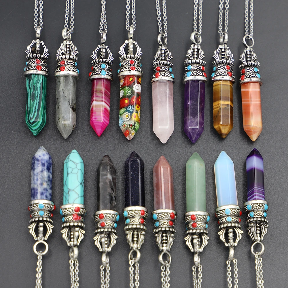 

Fashion Natural Stone Necklace Silver Crown Pillar Point Pendant Golden Sand Crystal Shape Making Charms Jewelry Accessories1Pc