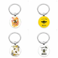 2019 new cute bee collecting honey glass round keychain fashion car key ring pendant jewelry gift