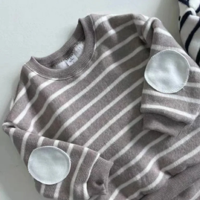 Модные Полосатые утепленные плюшевые комплекты для малышей 2024 корейский стиль