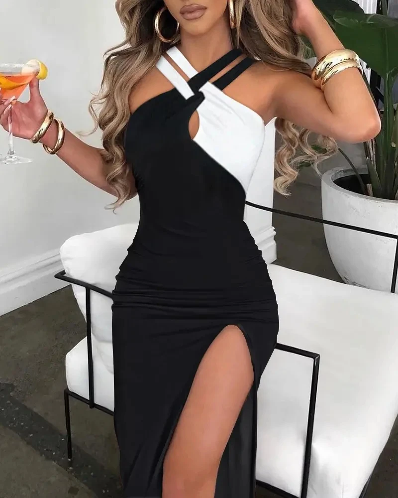 

Colorblock Crisscross Halter High Slit Dress Women Sexy Night Club Party Dress