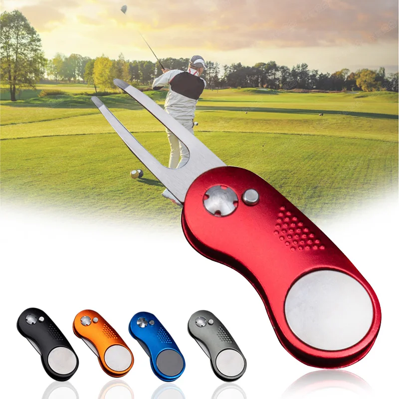 

Metal Foldable Golf Divot Fork Tool with Button Magnetic Portable for Golf Club Divot Repair Tool Switchblade Pitch Groove Clean