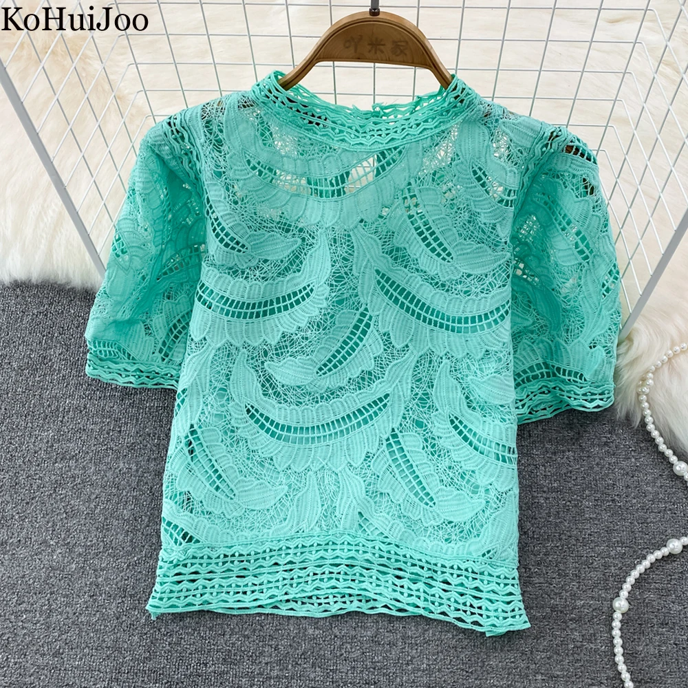 

Женский комплект из 2 предметов, кружевная блузка с круглым вырезом и коротким рукавом, однотонный ажурный топ в уличном стиле, лето 2023