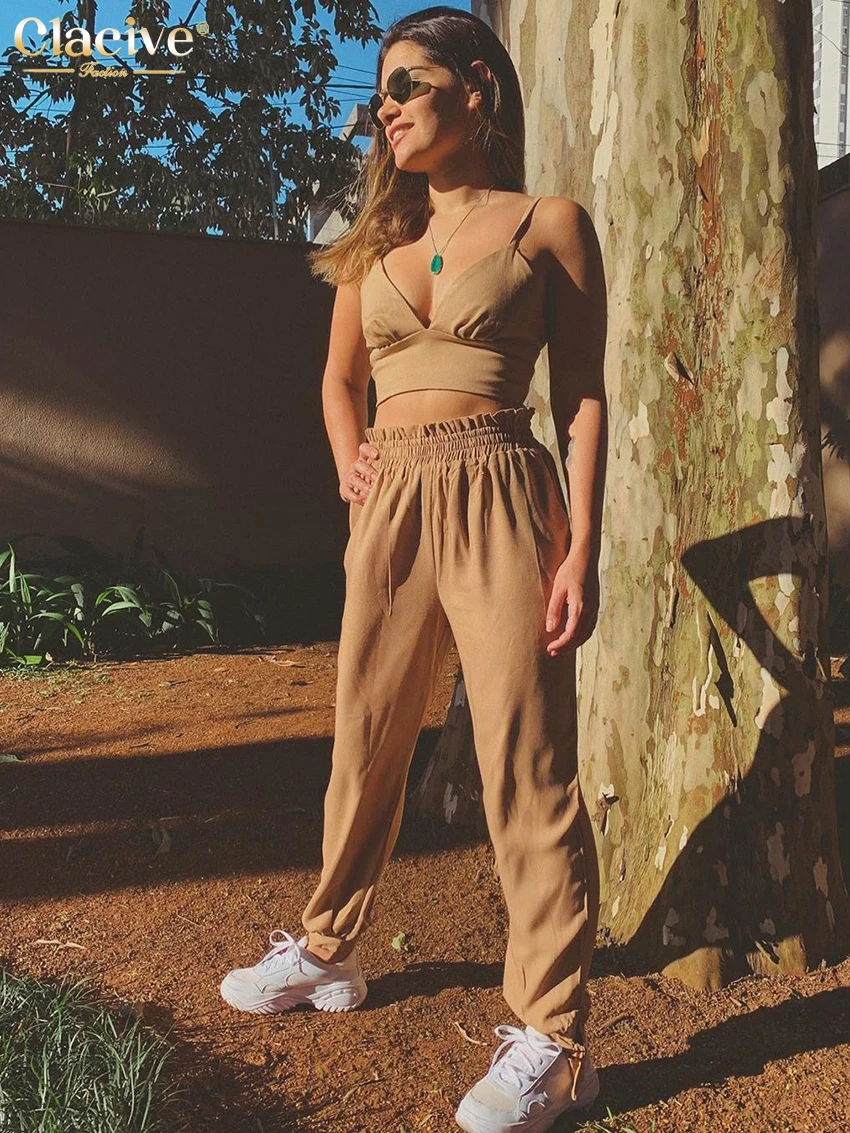 

Clacive Sexy Brown Women'S Tracksuit Summer Sleeveless Crop Top Set Woman 2 Pieces Lady Bodycon High Waist Pencil Trouser Suits