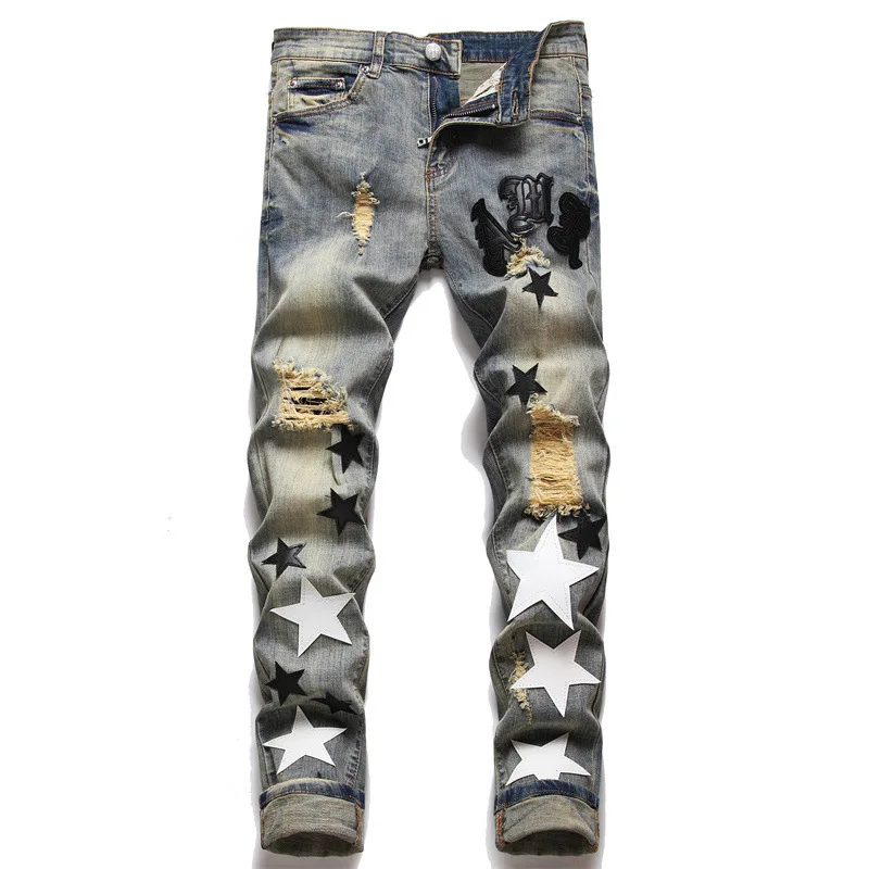 

Men's Streetwear Distressed Slim Fit Leather White Stars Patchwork Damaged Holes Ribs Patches Skinny Stretch Ripped Denim Jeans