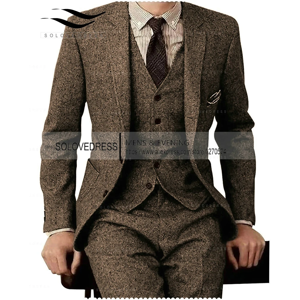 Brown 2022 Mens Tweed Herringbone Wedding Suit Prom Tuxedos 3 Piece Peak Lapel Tweed for autumn Slim Fit (Blazer+vest+Pants)
